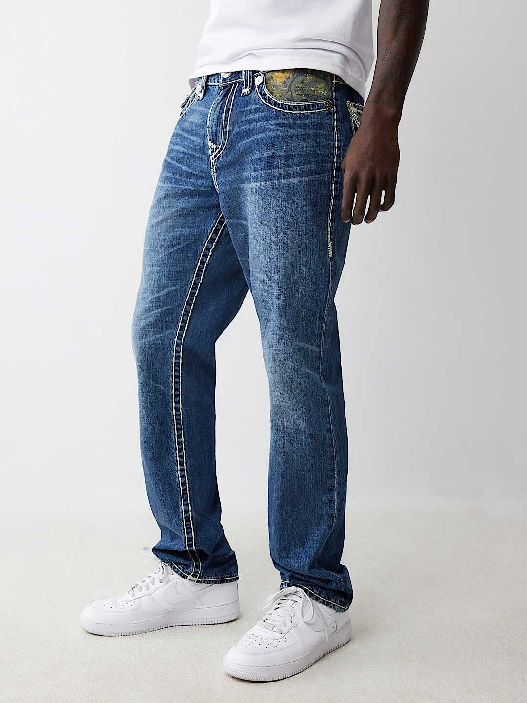 True Religion Men Blue Straight Fit Washed Jeans