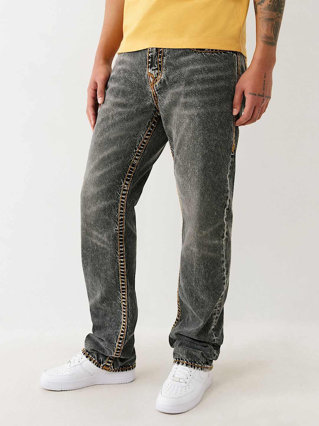 True Religion Men Grey Straight Fit Washed Super T Ricky Jeans