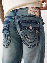True Religion Men Blue Straight Fit Washed Super T Ricky Jeans