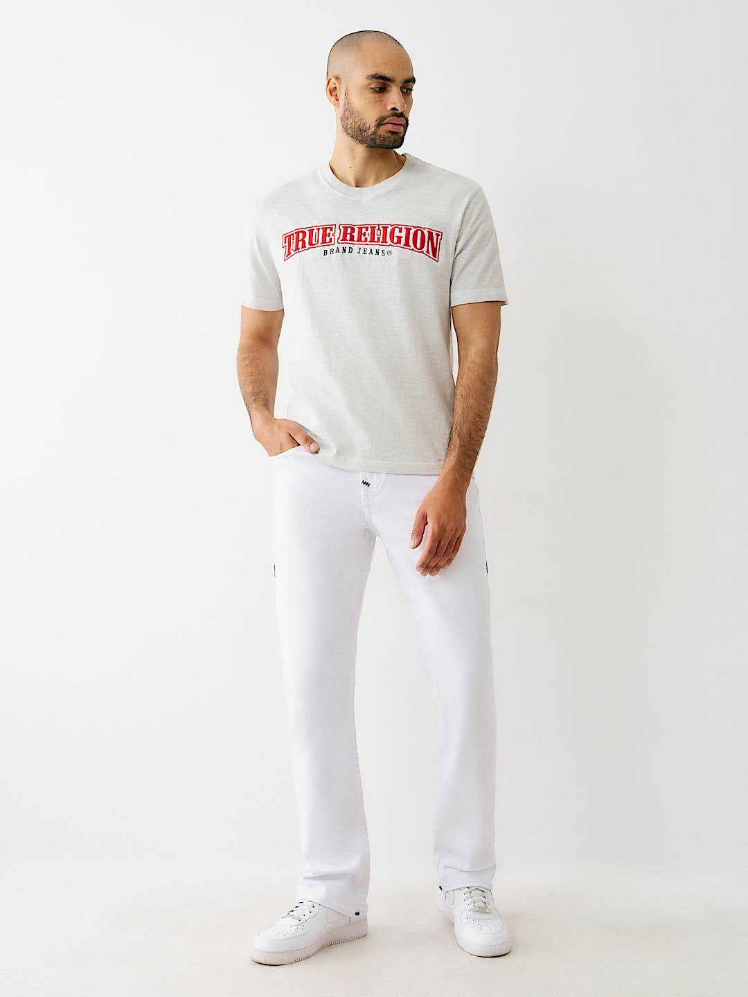 True Religion Men White Straight Fit Solid Super T Ricky Jeans