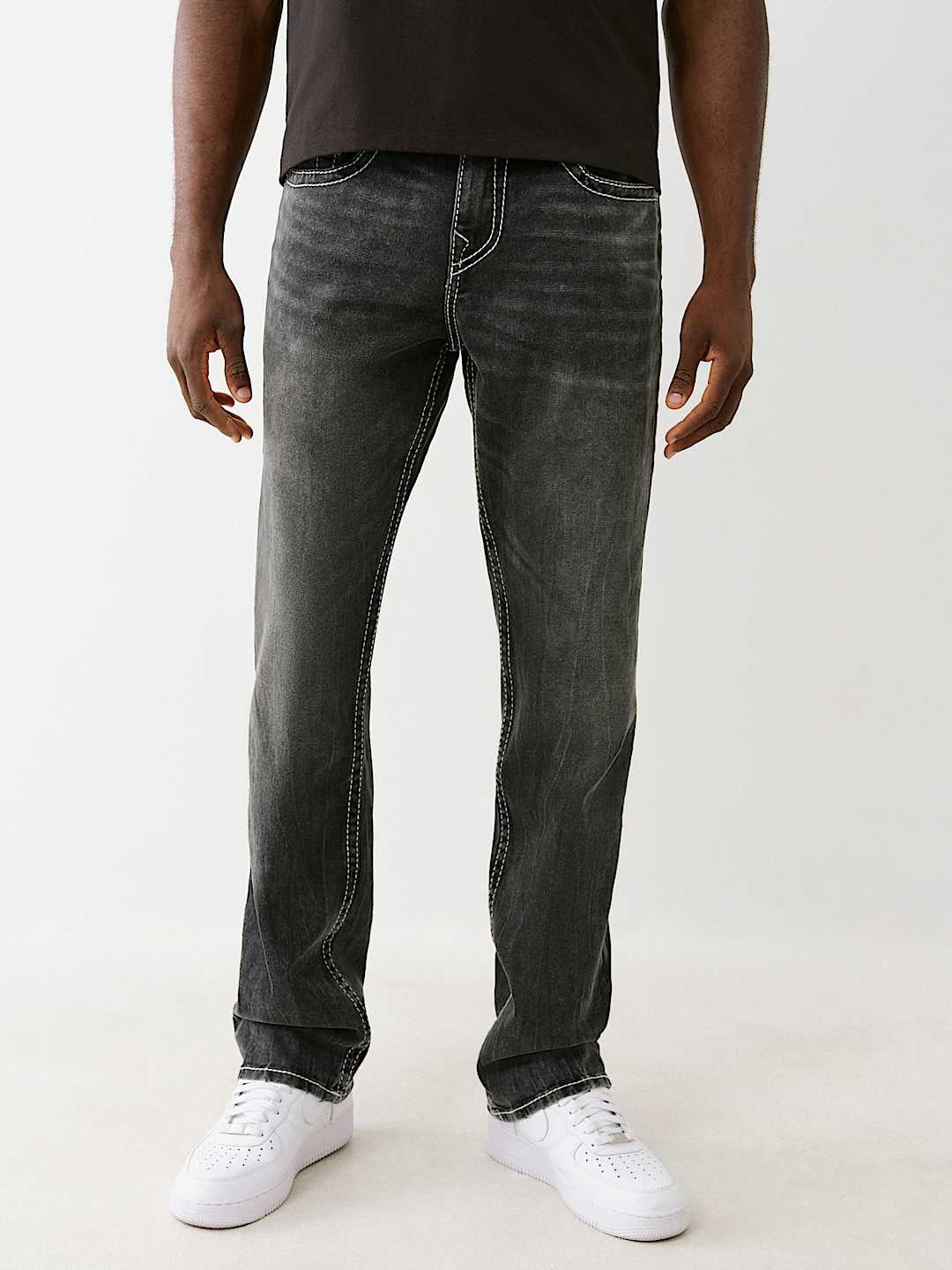True Religion Men Black Straight Fit Washed Big T Ricky Jeans