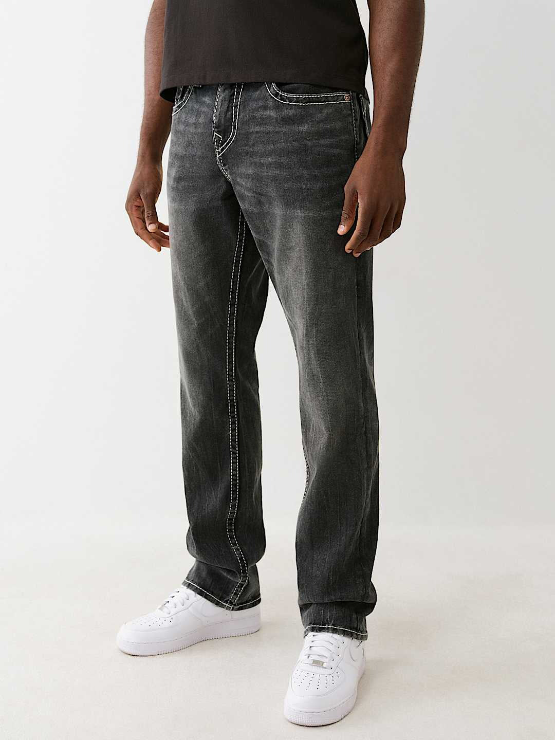 True Religion Men Black Straight Fit Washed Big T Ricky Jeans