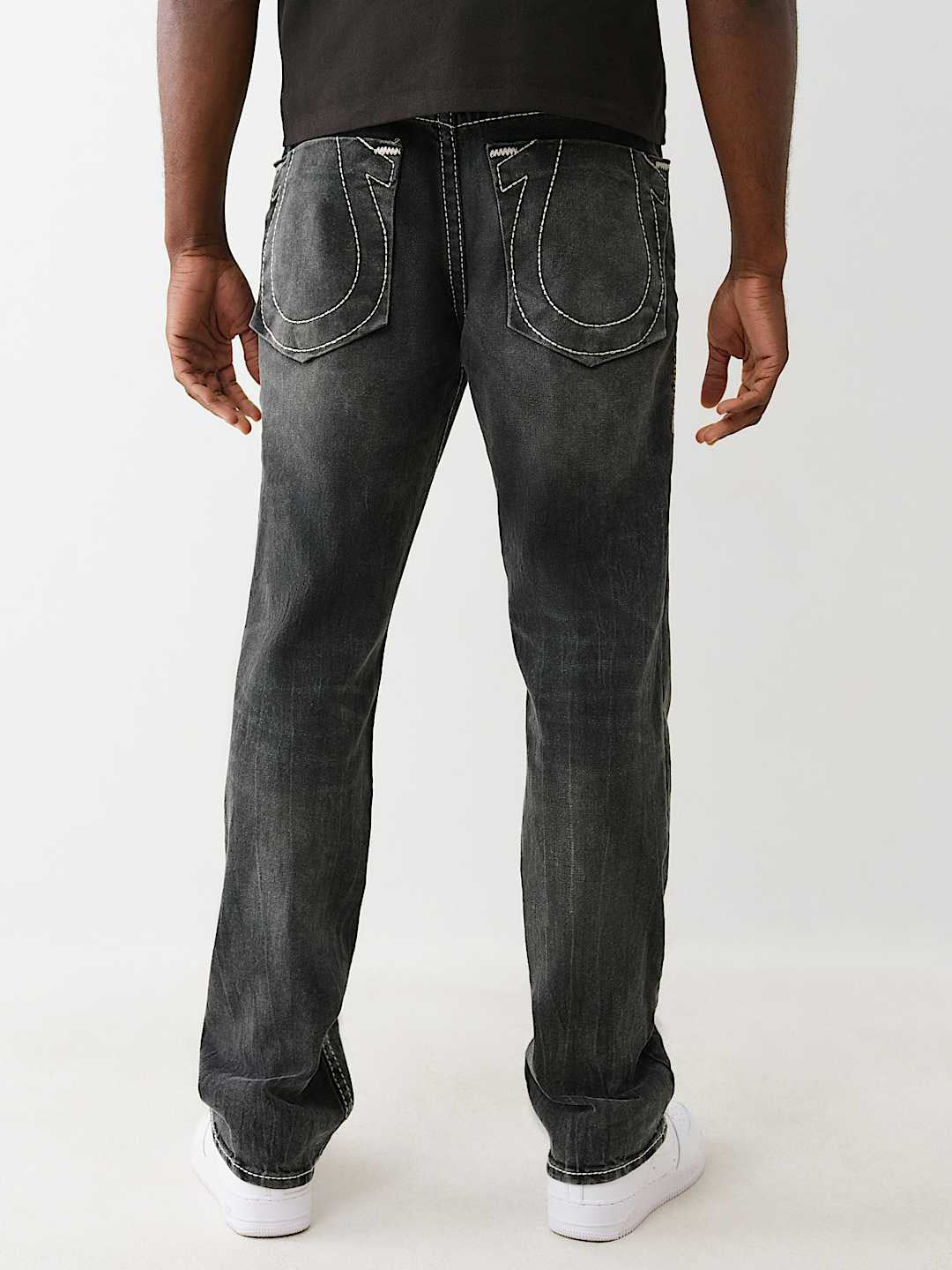 True Religion Men Black Straight Fit Washed Big T Ricky Jeans