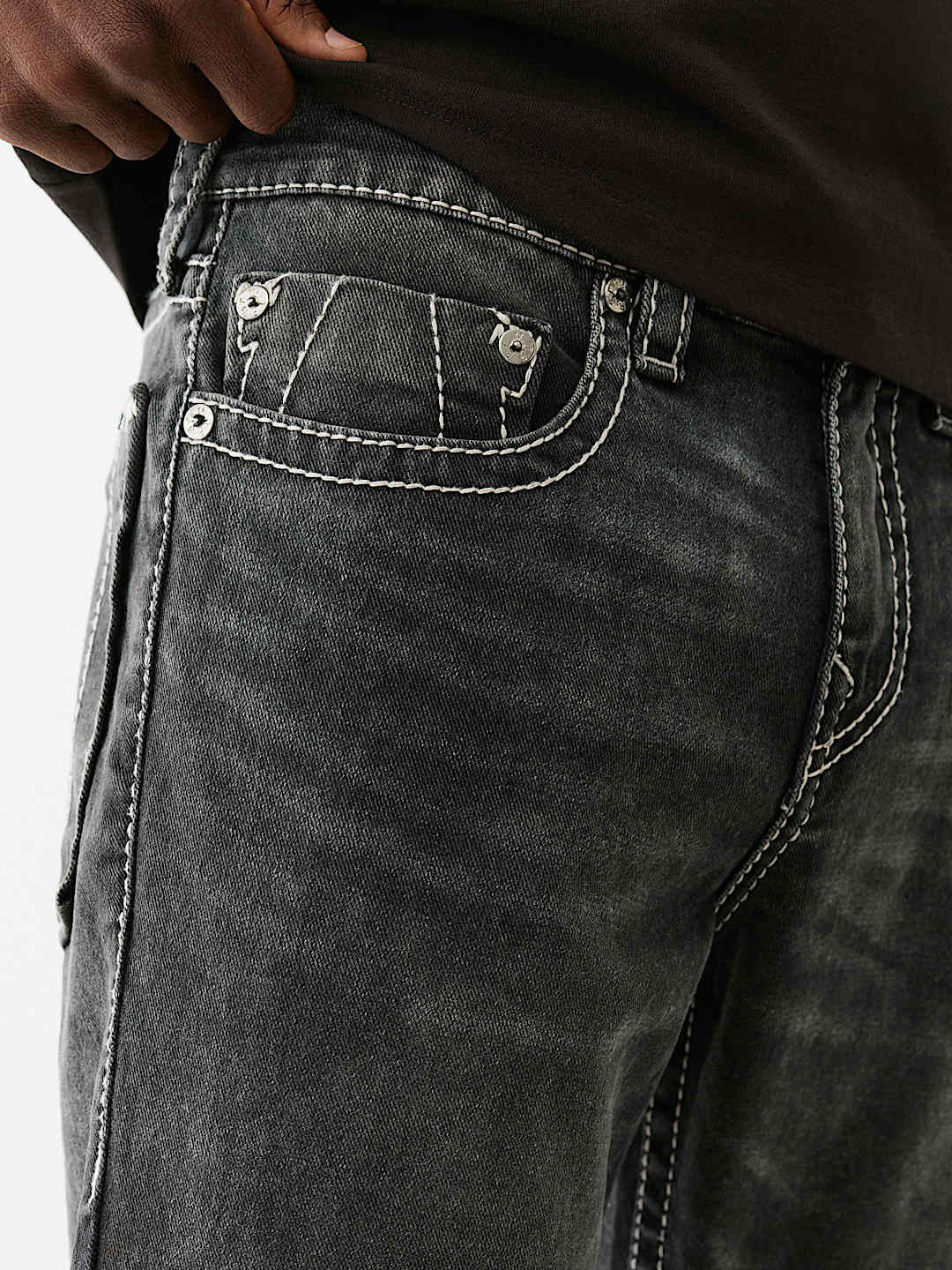 True Religion Men Black Straight Fit Washed Big T Ricky Jeans