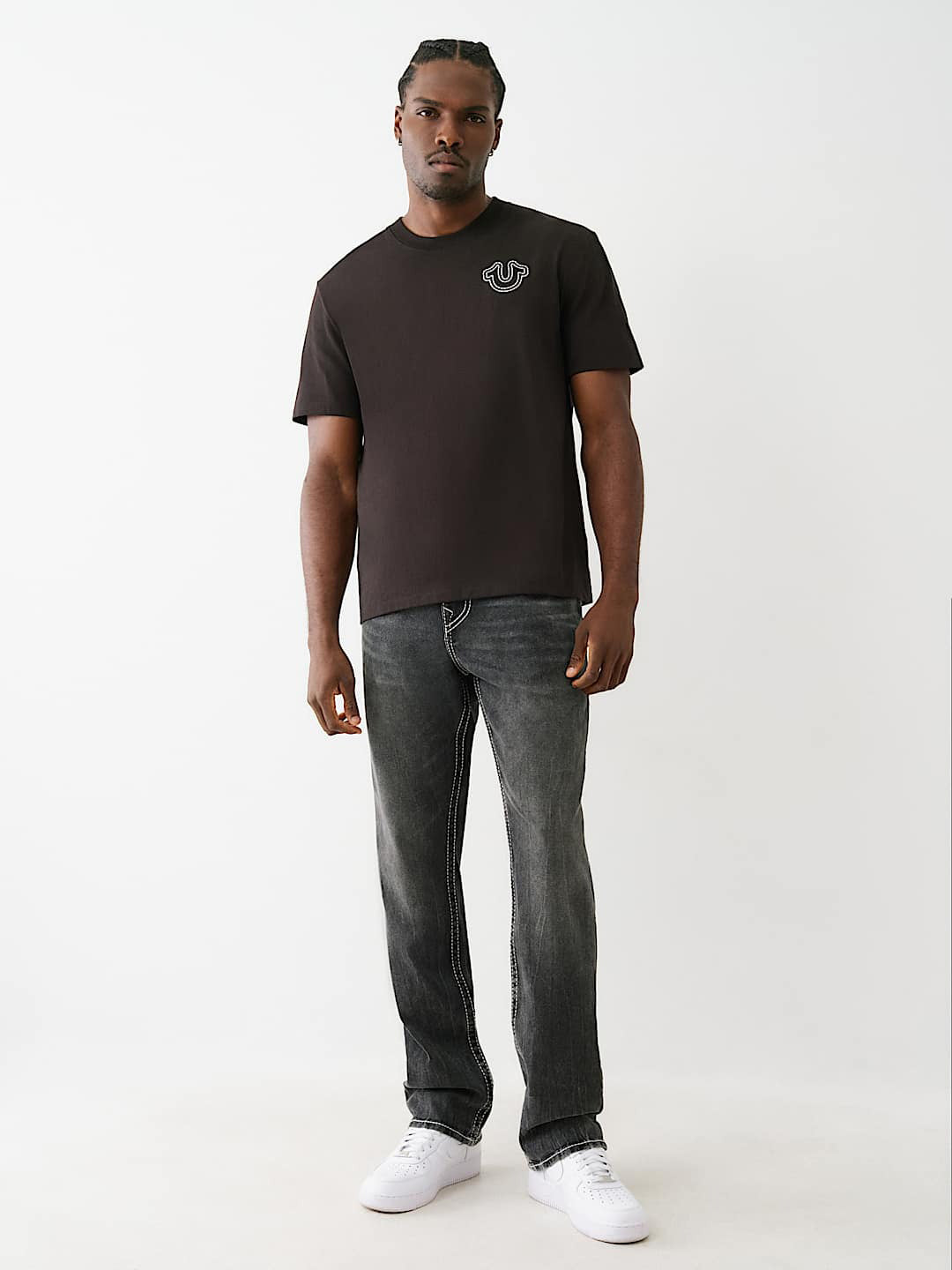 True Religion Men Black Straight Fit Washed Big T Ricky Jeans