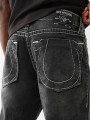 True Religion Men Black Straight Fit Washed Big T Ricky Jeans