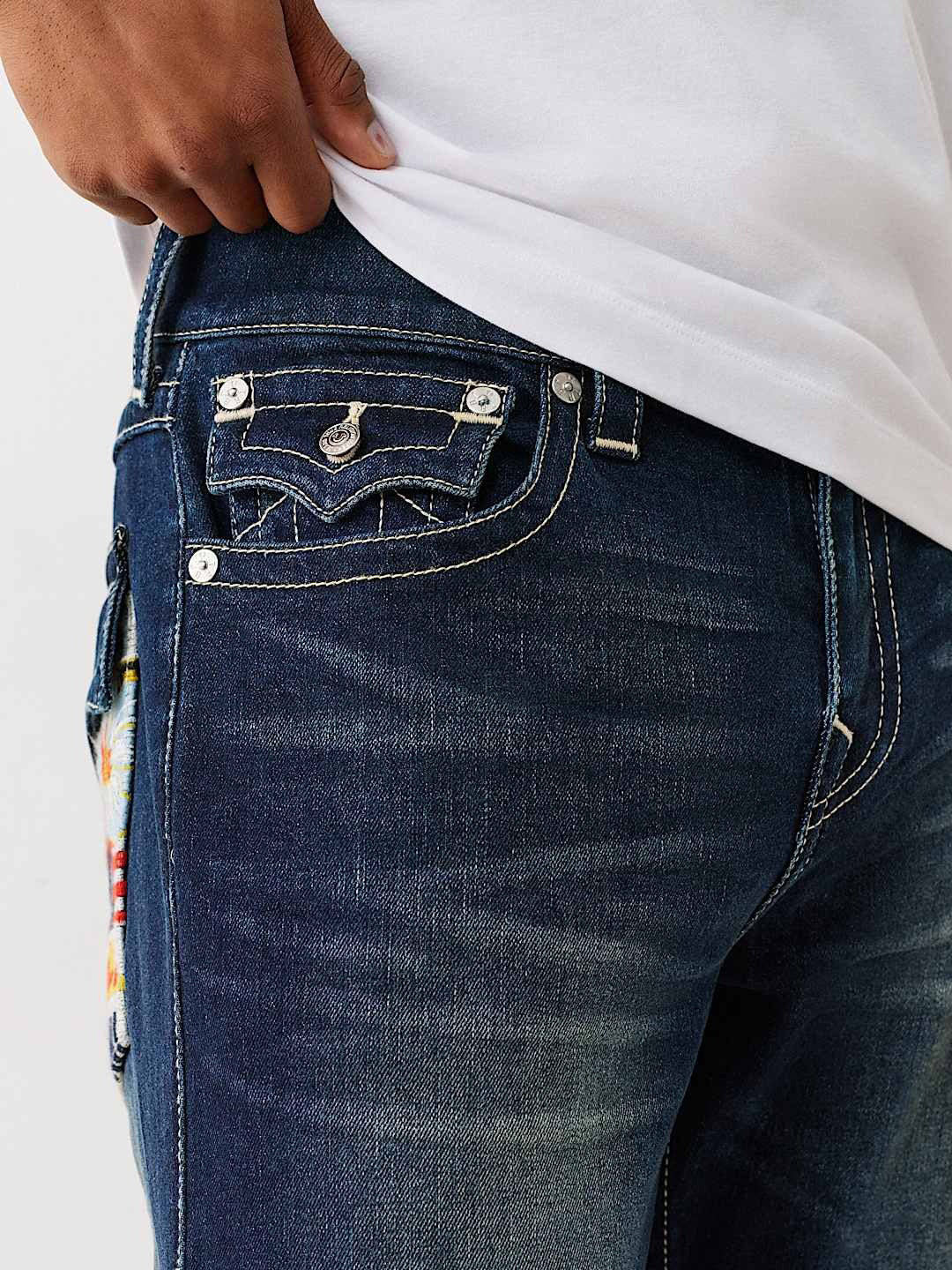 True Religion Men Blue Straight Fit Washed Embroidered Ricky Jeans