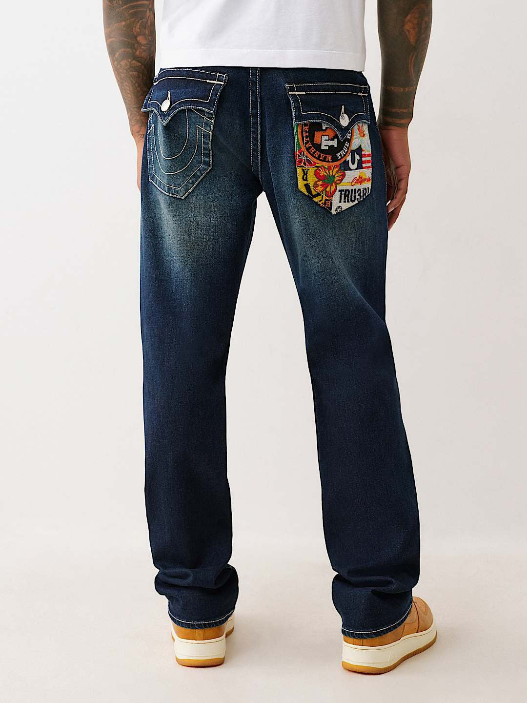 True Religion Men Blue Straight Fit Washed Embroidered Ricky Jeans