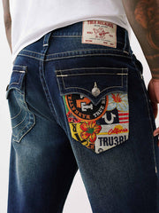 True Religion Men Blue Straight Fit Washed Embroidered Ricky Jeans