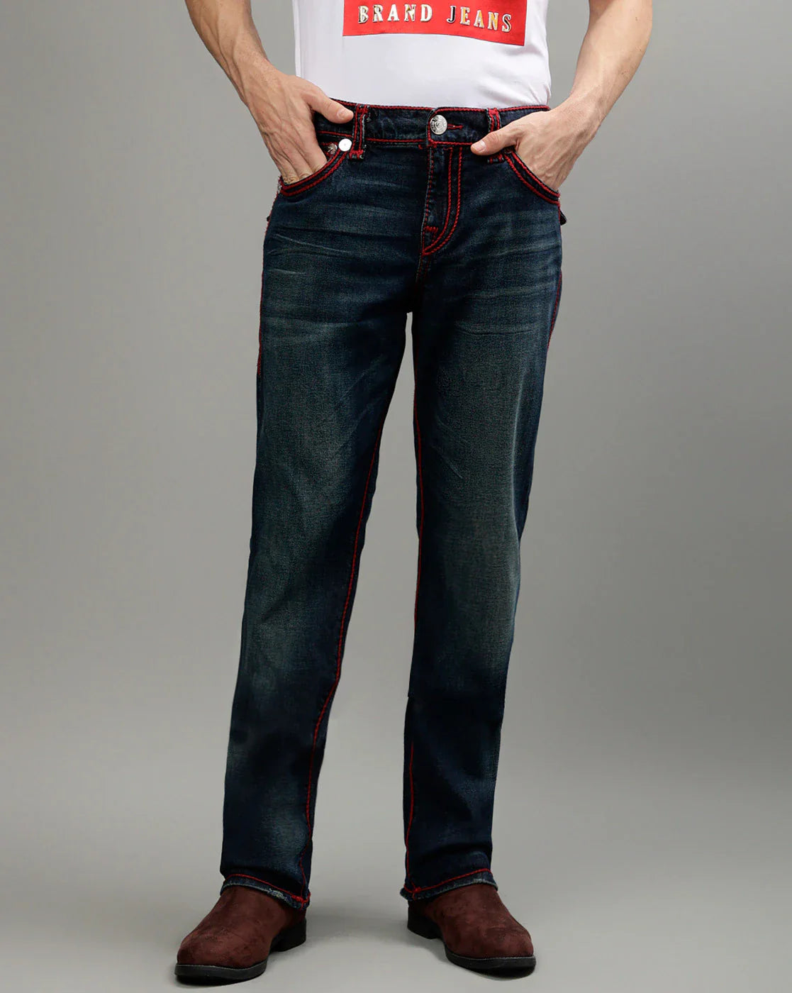 Men rope stitch ricky straight fit dark wash jeans
