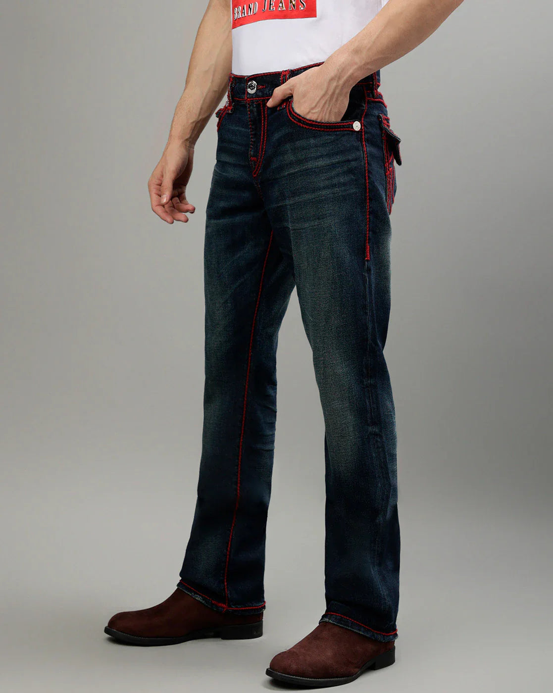 Men rope stitch ricky straight fit dark wash jeans