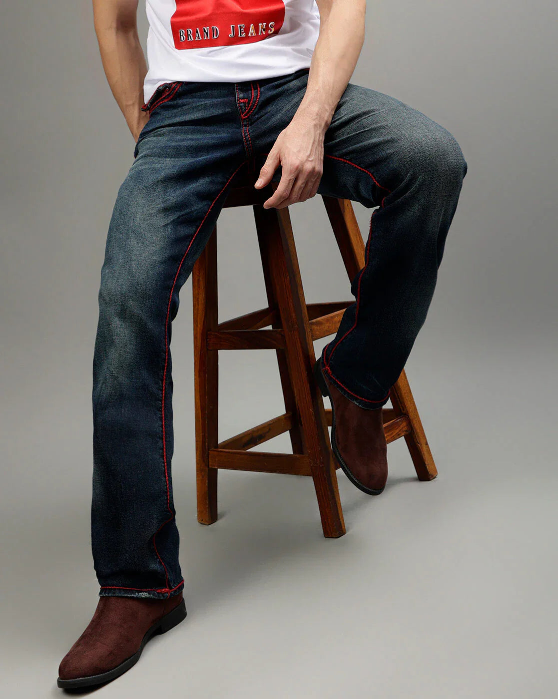 Men rope stitch ricky straight fit dark wash jeans