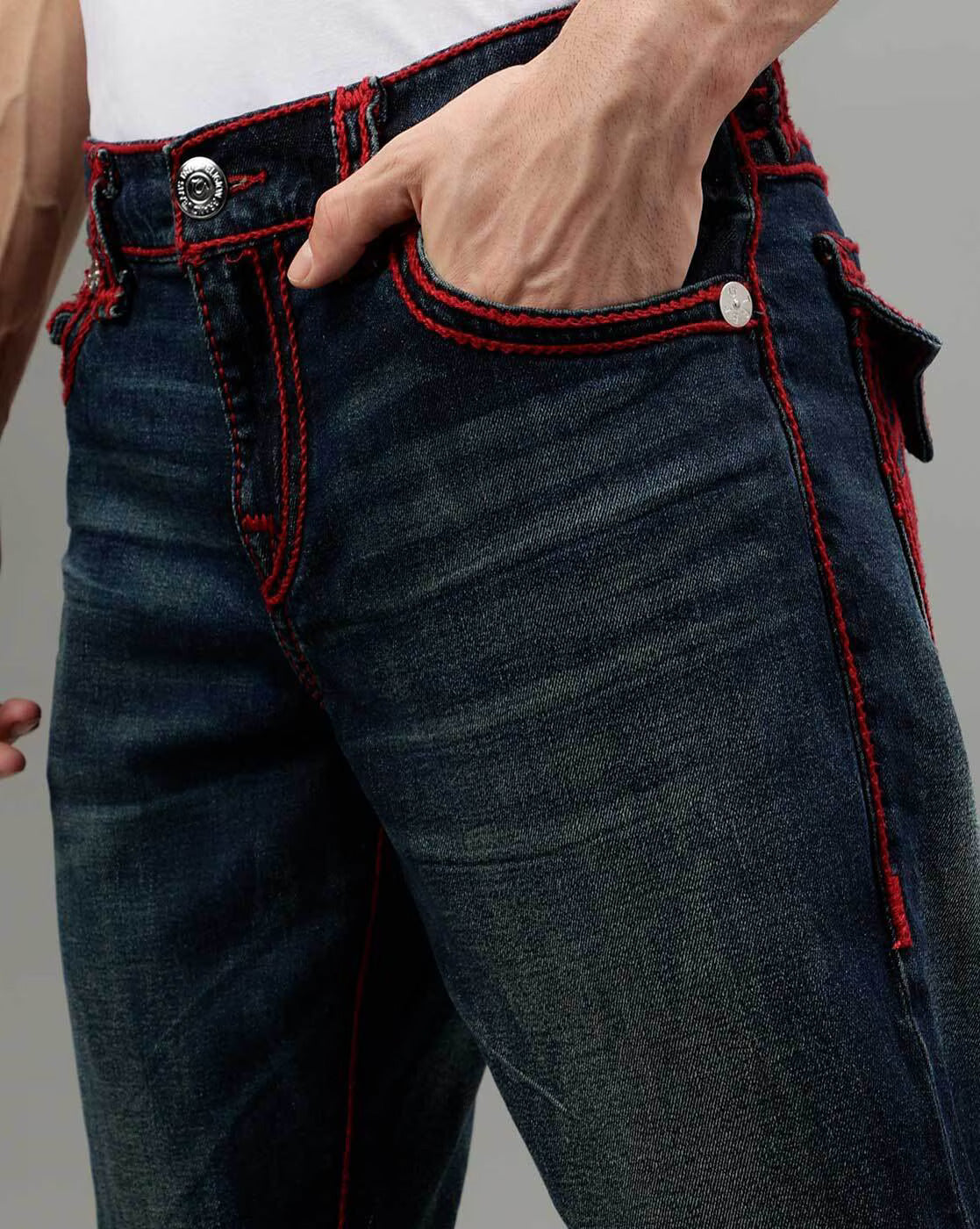 Men rope stitch ricky straight fit dark wash jeans