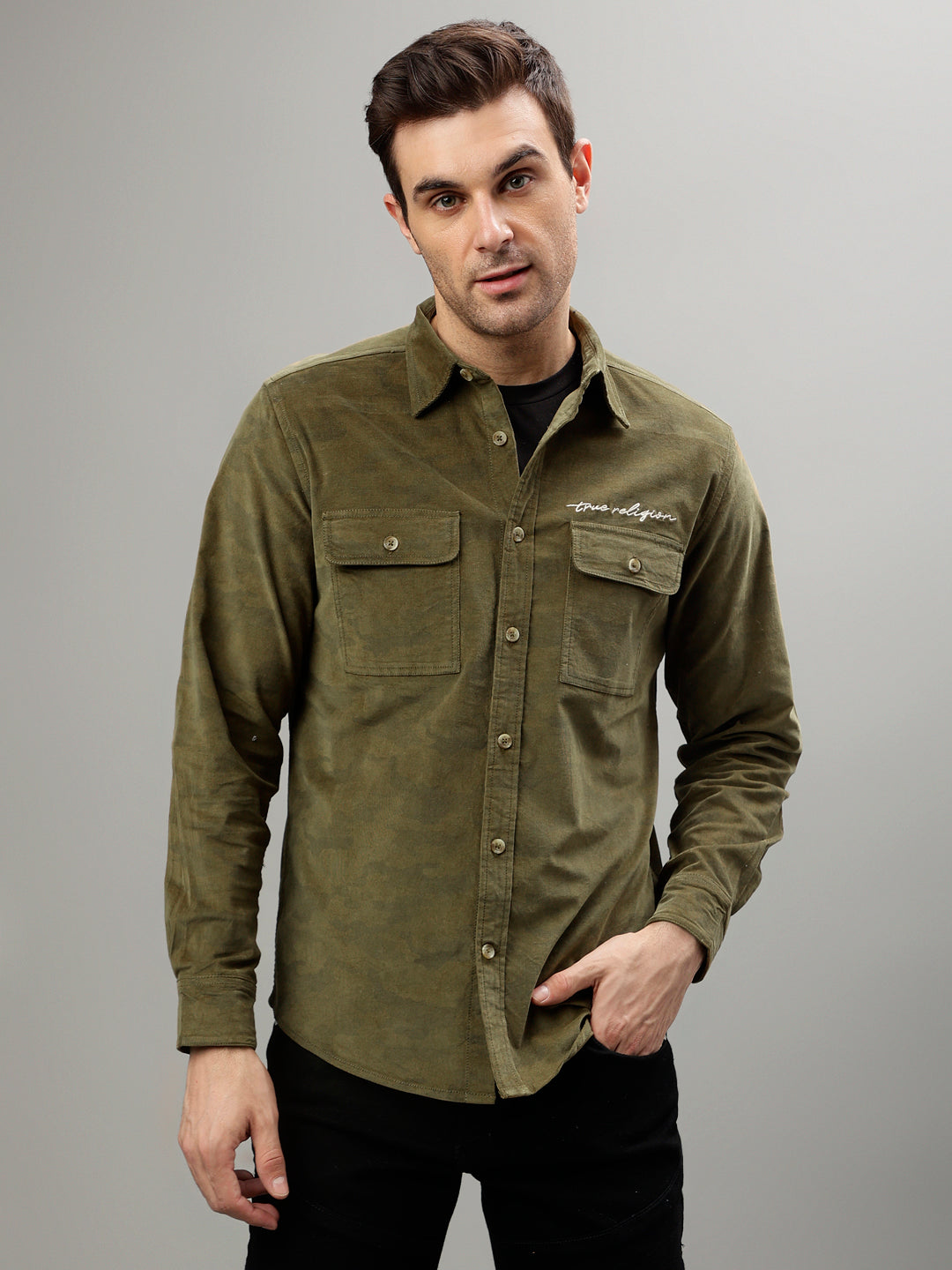 Olive fashion printed regular fit shirt