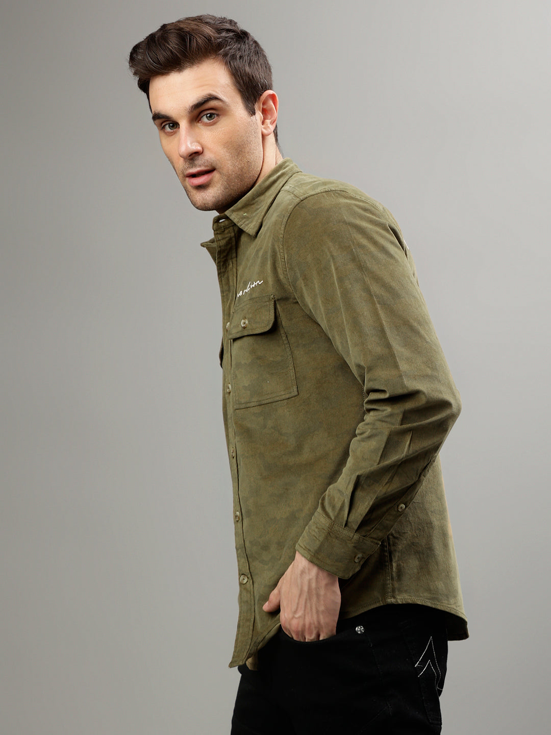 Olive fashion printed regular fit shirt