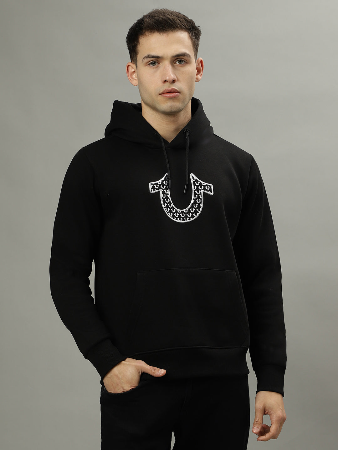 Men black solid hooded long sleeves sweatshirt