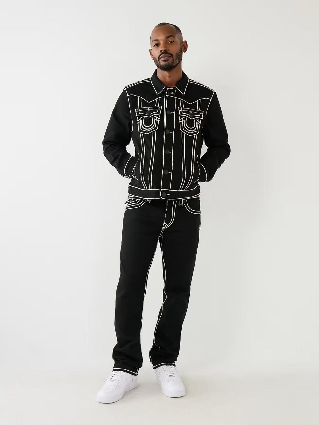 True Religion Rope Stitch Ricky Straight Fit Black Mid-Rise Solid Jeans