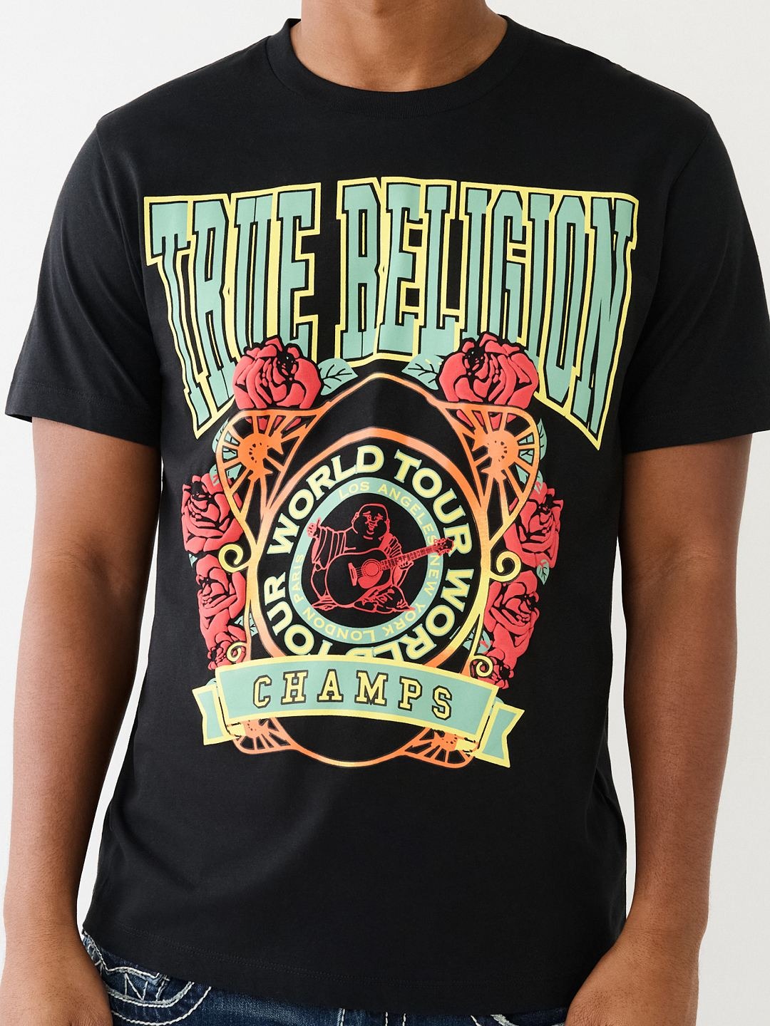 Men black printed round neck short sleeves tshirt