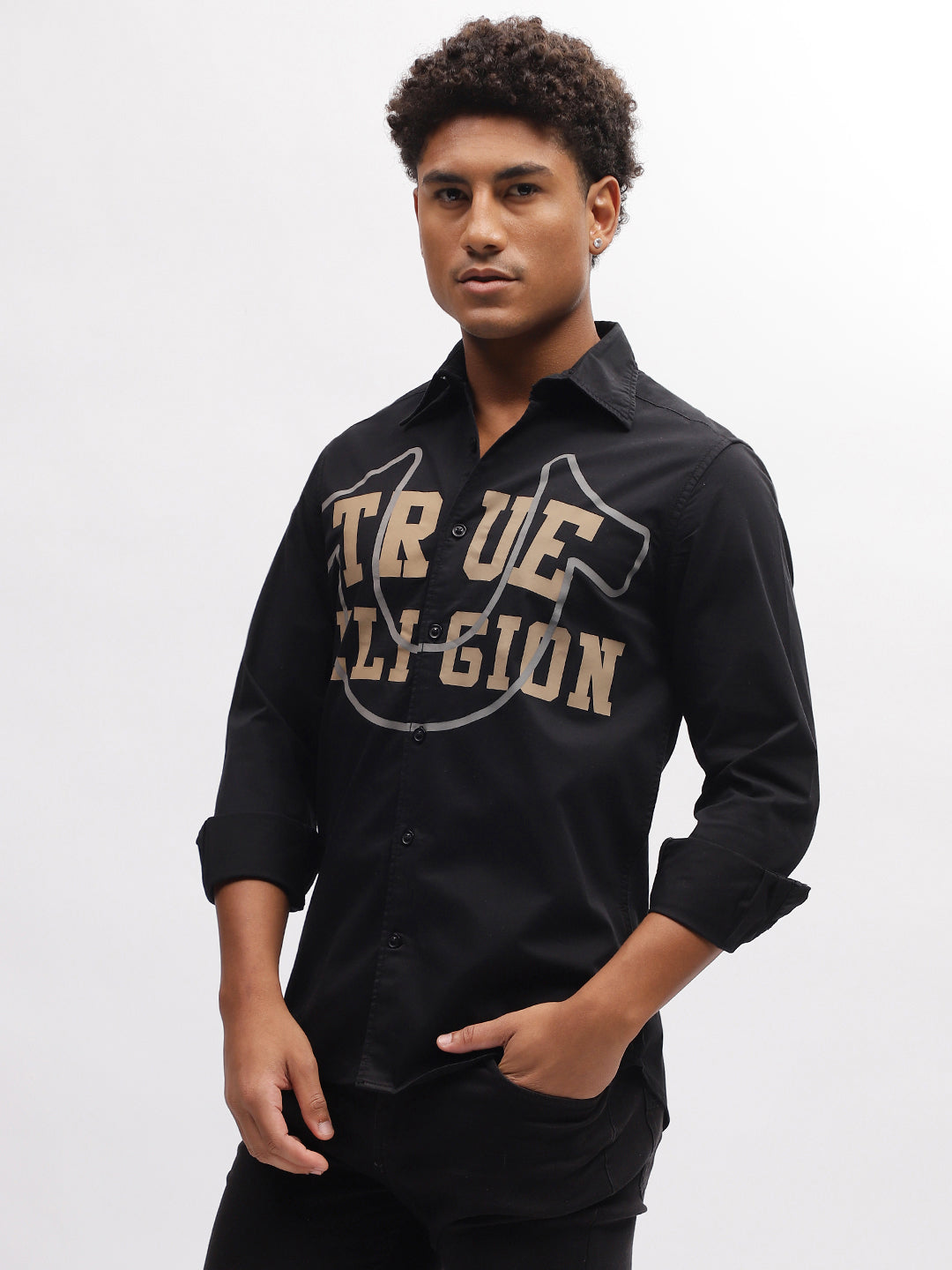 True Religion Men Black Solid Spread Collar Full Sleeves Shirt