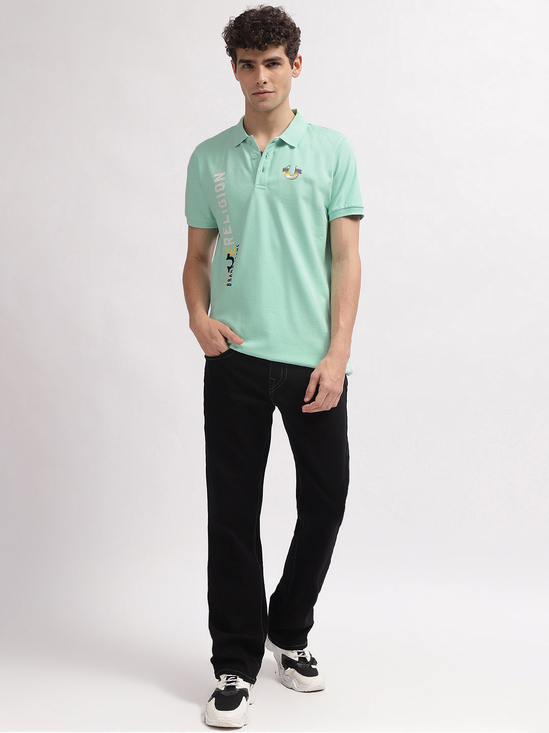 True Religion Men Mint Green Printed Polo Collar Short Sleeves Tshirt