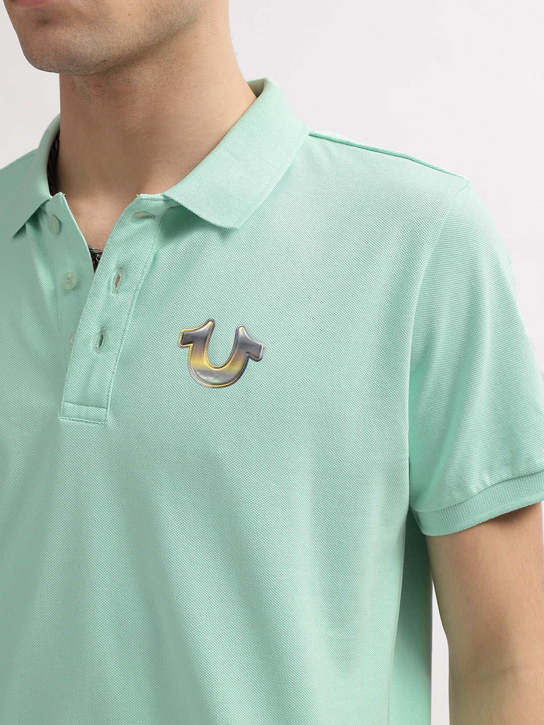 True Religion Men Mint Green Printed Polo Collar Short Sleeves Tshirt