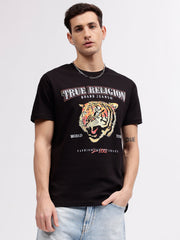 True Religion Men Black Animal Print Round Neck Short Sleeves Tshirt
