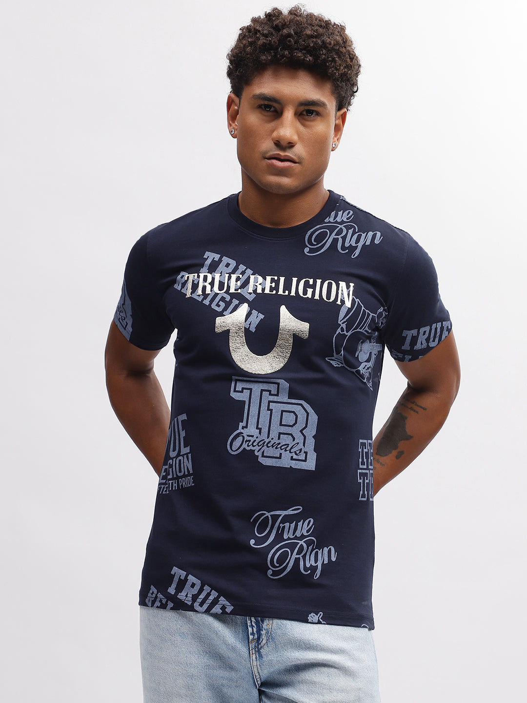 Men blue printed round neck short sleeves tshirt