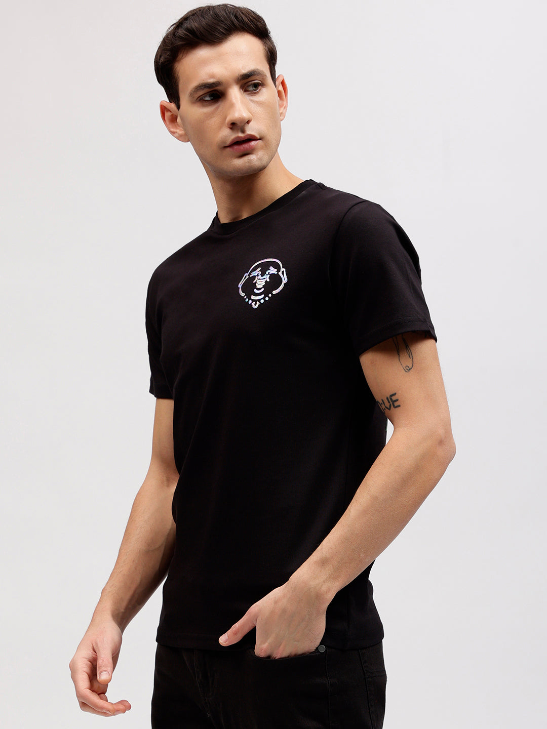 Men black printed round neck short sleeves tshirt
