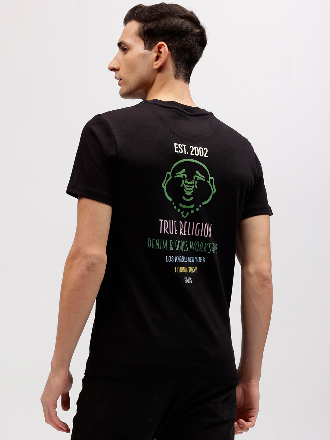 Men black printed round neck short sleeves tshirt
