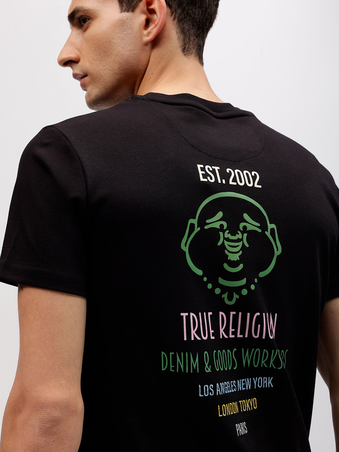 Men black printed round neck short sleeves tshirt