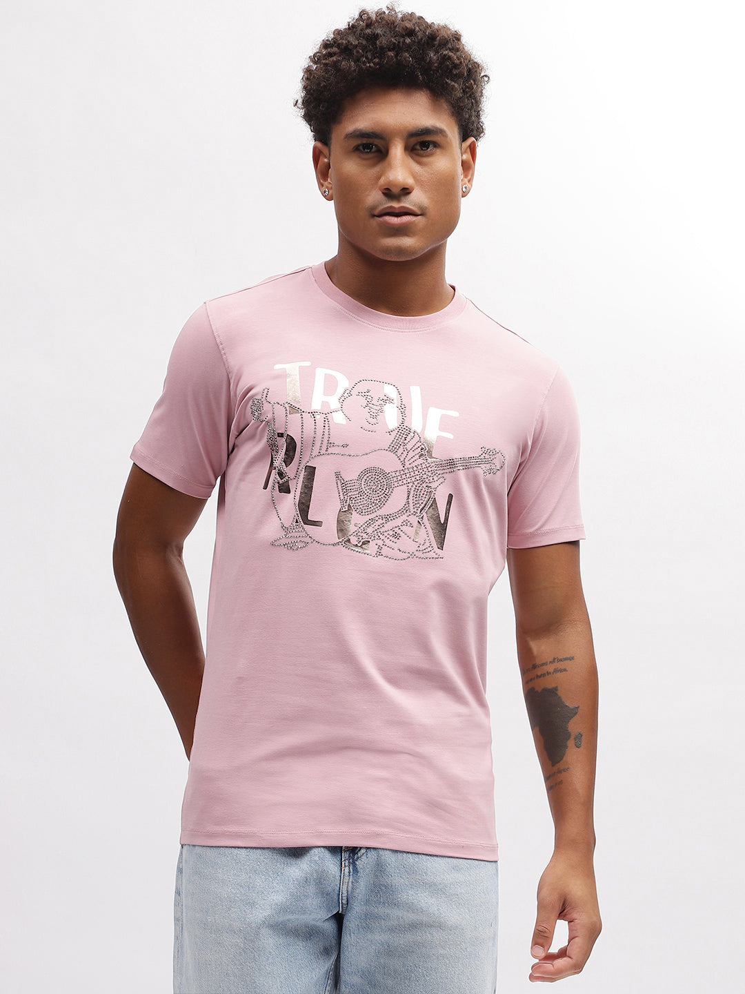 Men pink printed round neck short sleeves tshirt