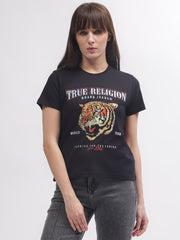 True Religion Women Black Printed Round Neck Short Sleeves Tshirt