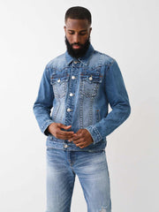 True Religion Men Blue Washed Spread Collar Full Sleeves Jacket