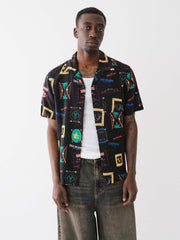 True Religion Men Black Printed Cuban Collar Short Sleeves Shirt