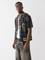 True Religion Men Black Printed Cuban Collar Short Sleeves Shirt