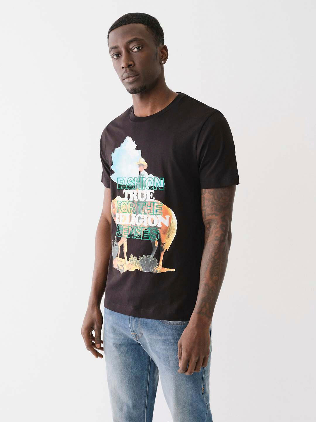 True Religion Men Black Printed Round Neck Short Sleeves Tshirt