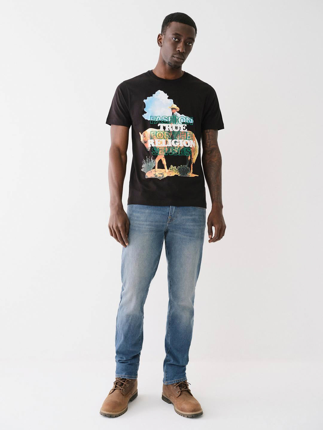 True Religion Men Black Printed Round Neck Short Sleeves Tshirt