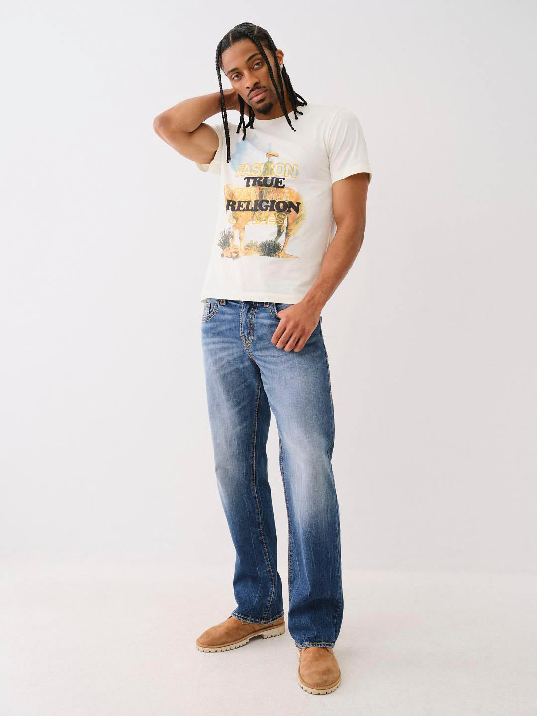 True Religion Men Cream Printed Round Neck Short Sleeves Tshirt