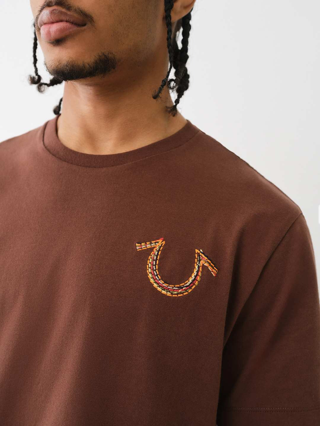 True Religion Men Brown Solid Round Neck Short Sleeves Tshirt
