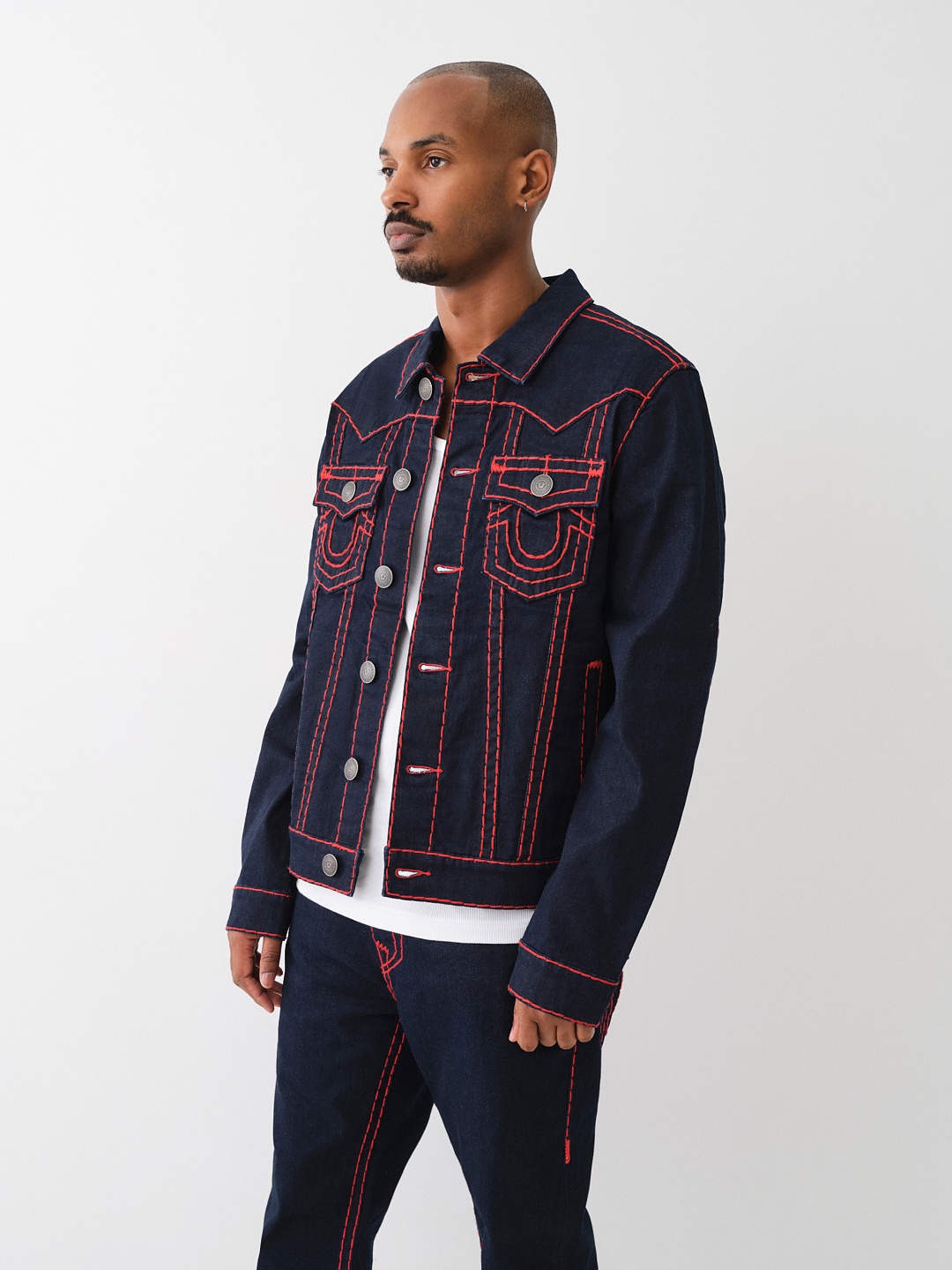 Men blue washed spread collar full sleeves jacket