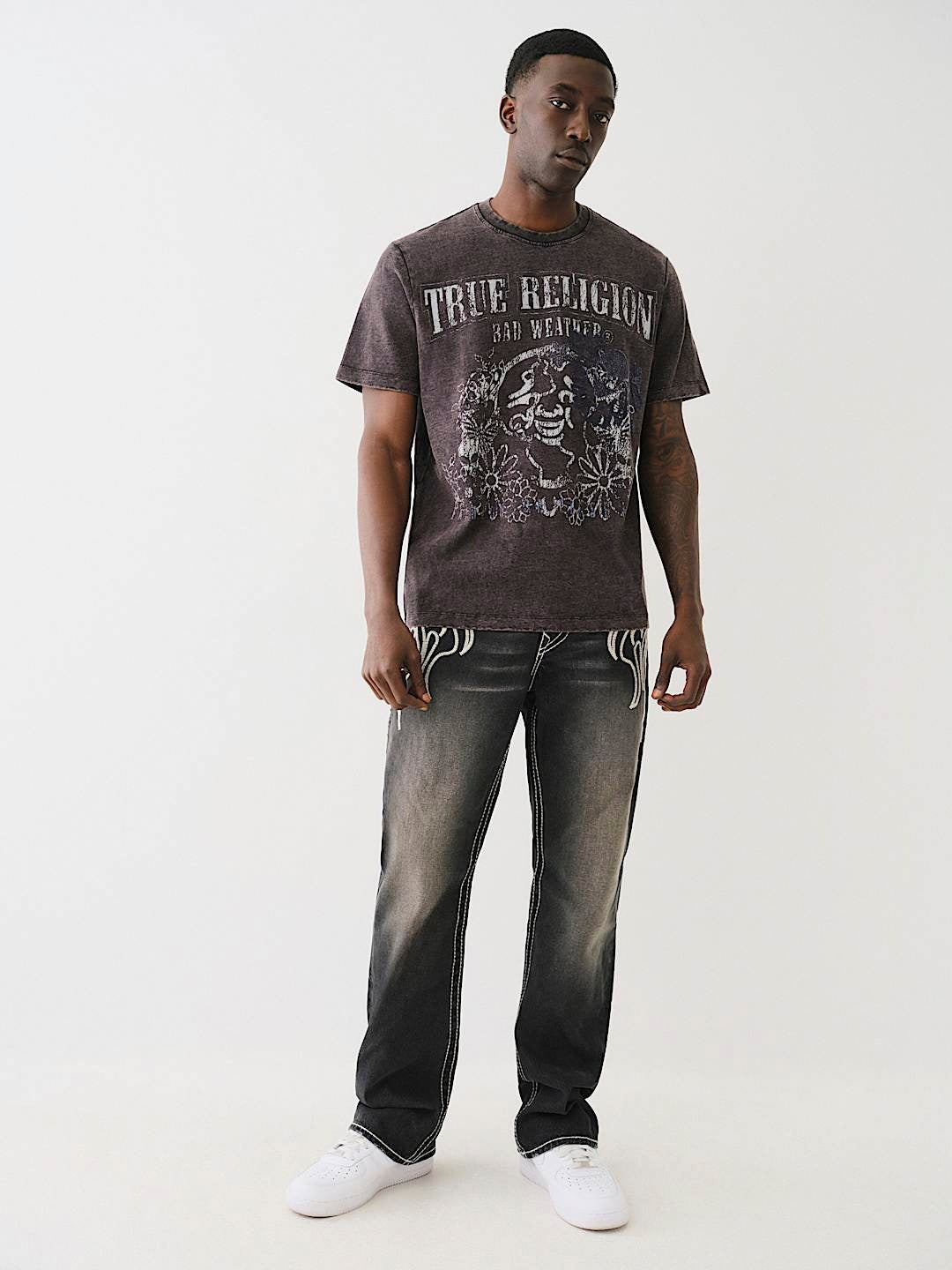 True Religion Men Black Printed Round Neck Short Sleeves Tshirt