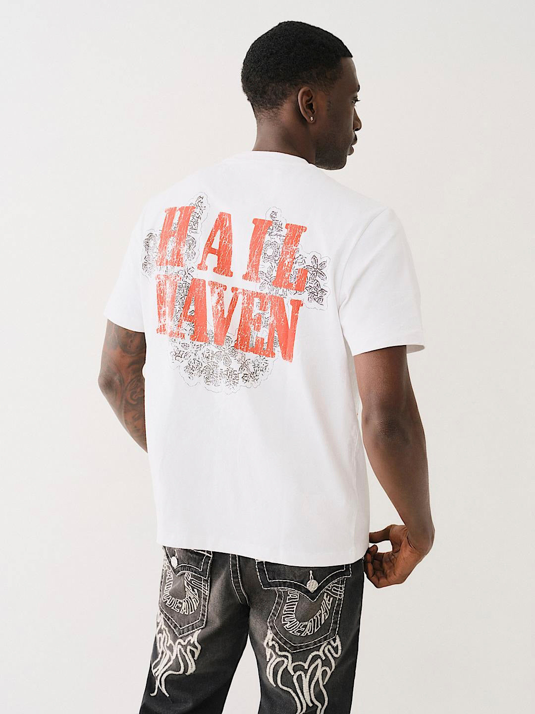 True Religion Men White Printed Round Neck Short Sleeves Tshirt
