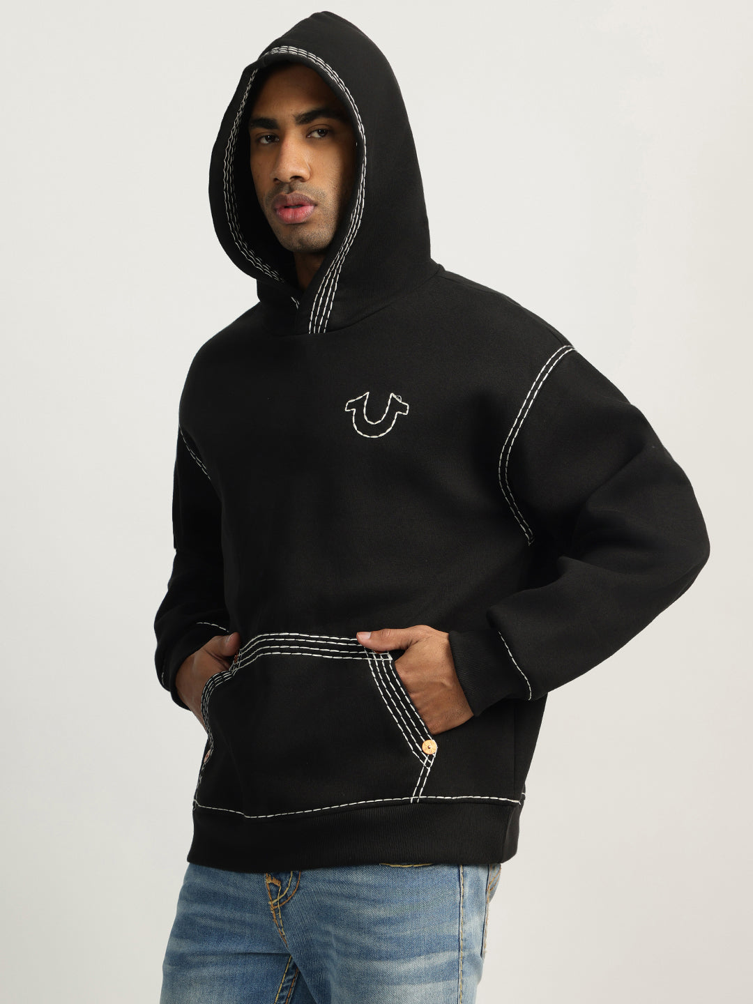 True Religion Men Black Self Design Hooded Full Sleeves Sweatshirt