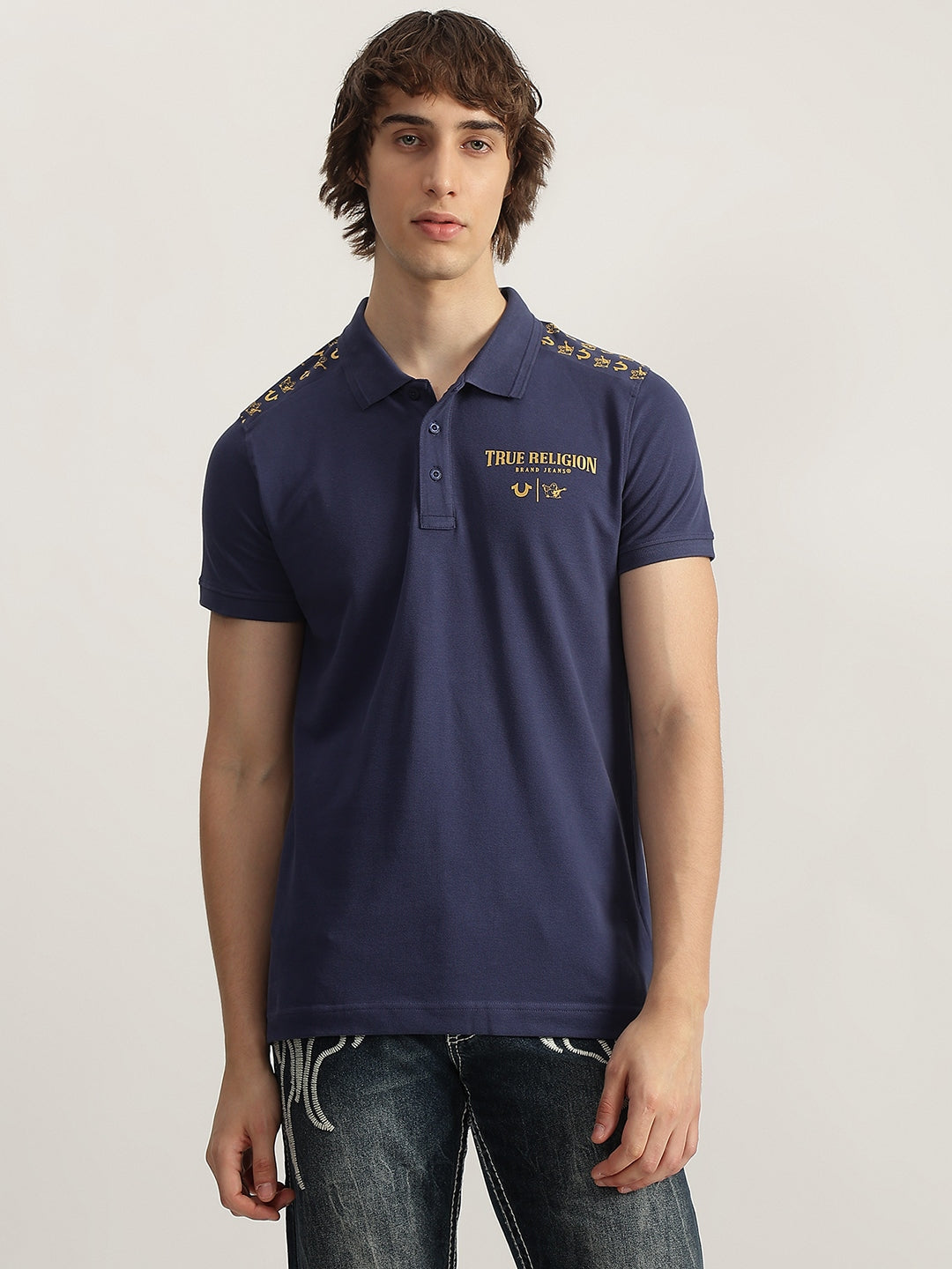 Men blue solid polo neck short sleeves tshirt