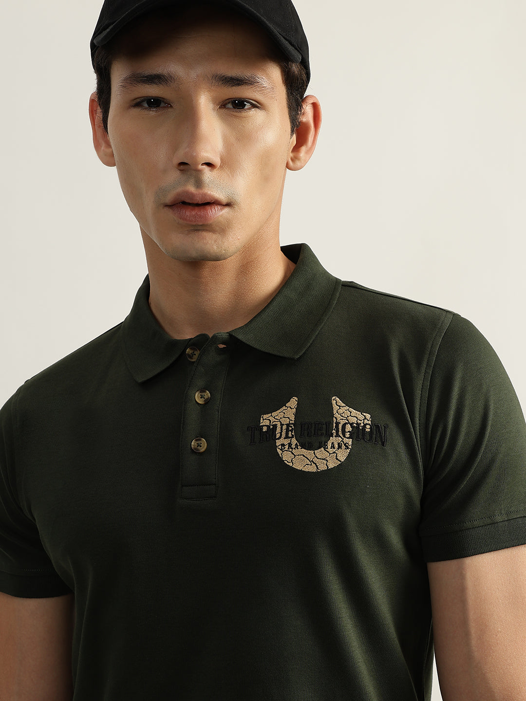 True Religion Men Olive Solid Polo Collar Short Sleeves Tshirt