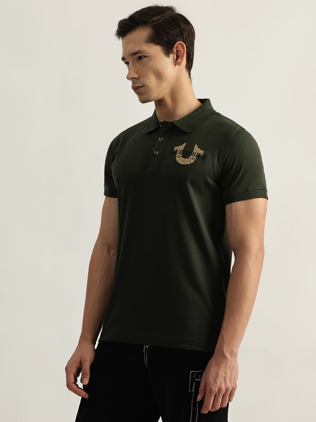 True Religion Men Olive Solid Polo Collar Short Sleeves Tshirt