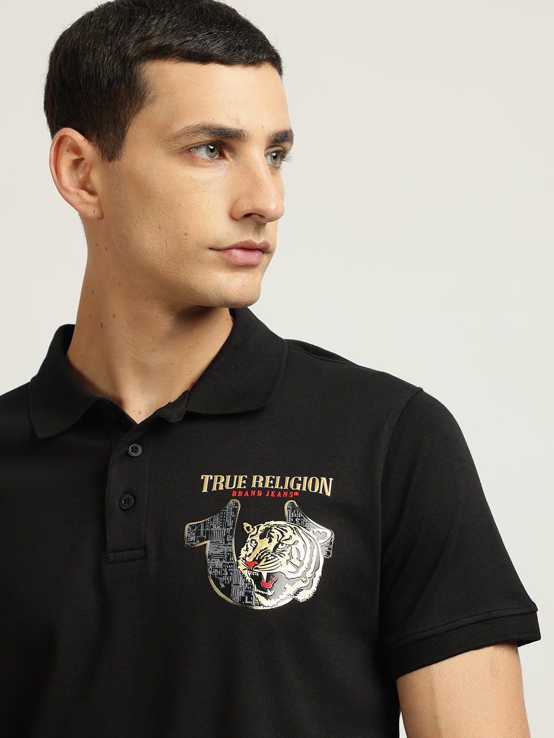 True Religion Men Black Solid Polo Collar Short Sleeves Tshirt