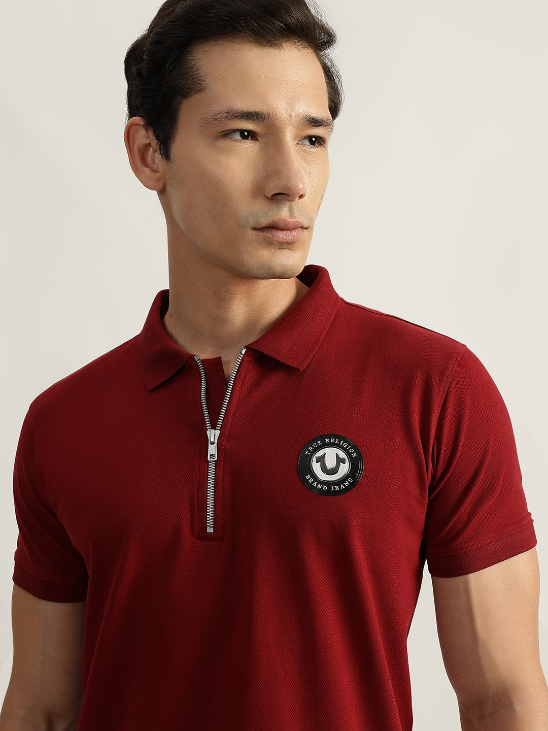 True Religion Men Red Solid Polo Collar Short Sleeves Tshirt
