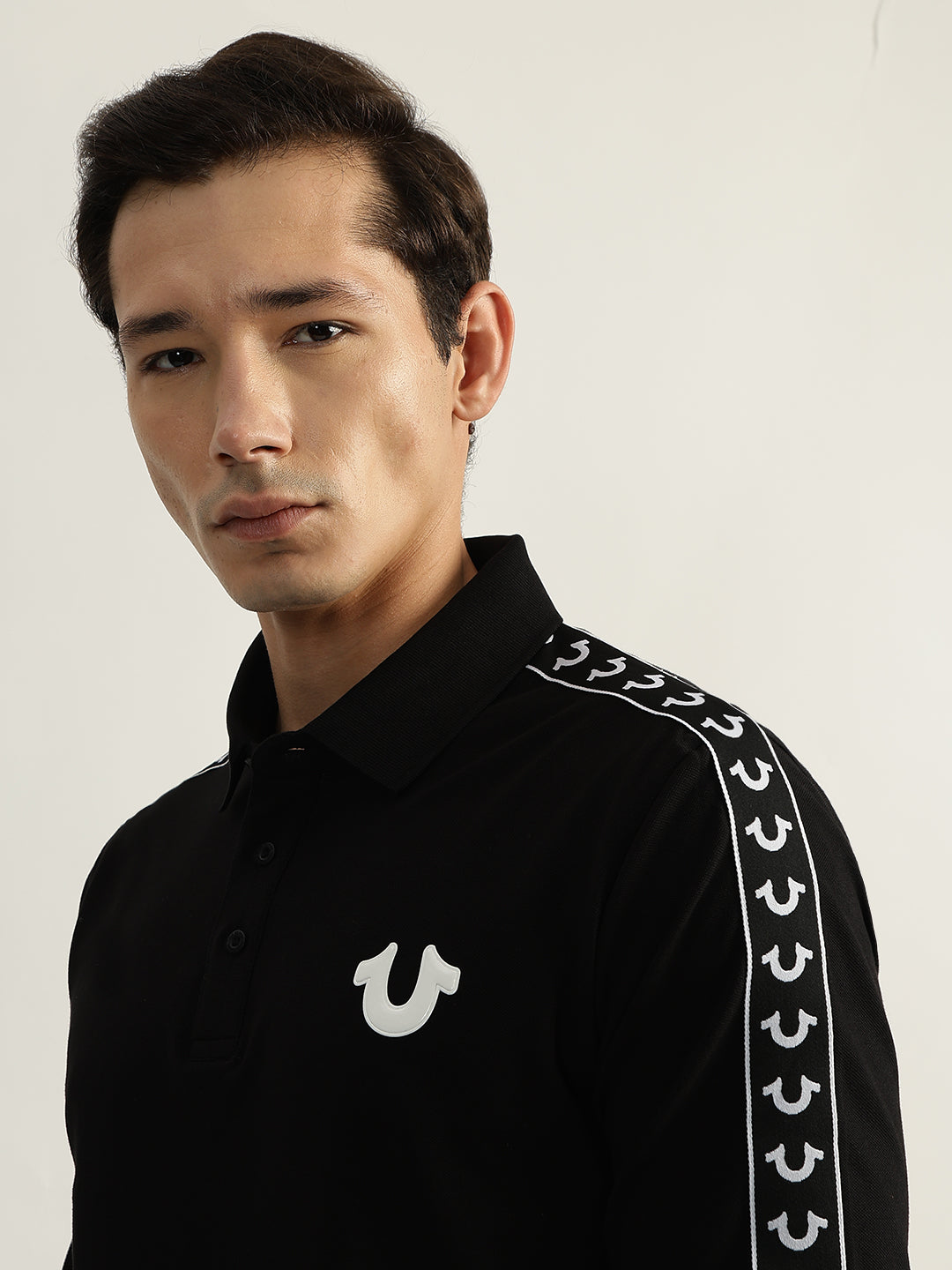 Men black solid polo collar full sleeves tshirt