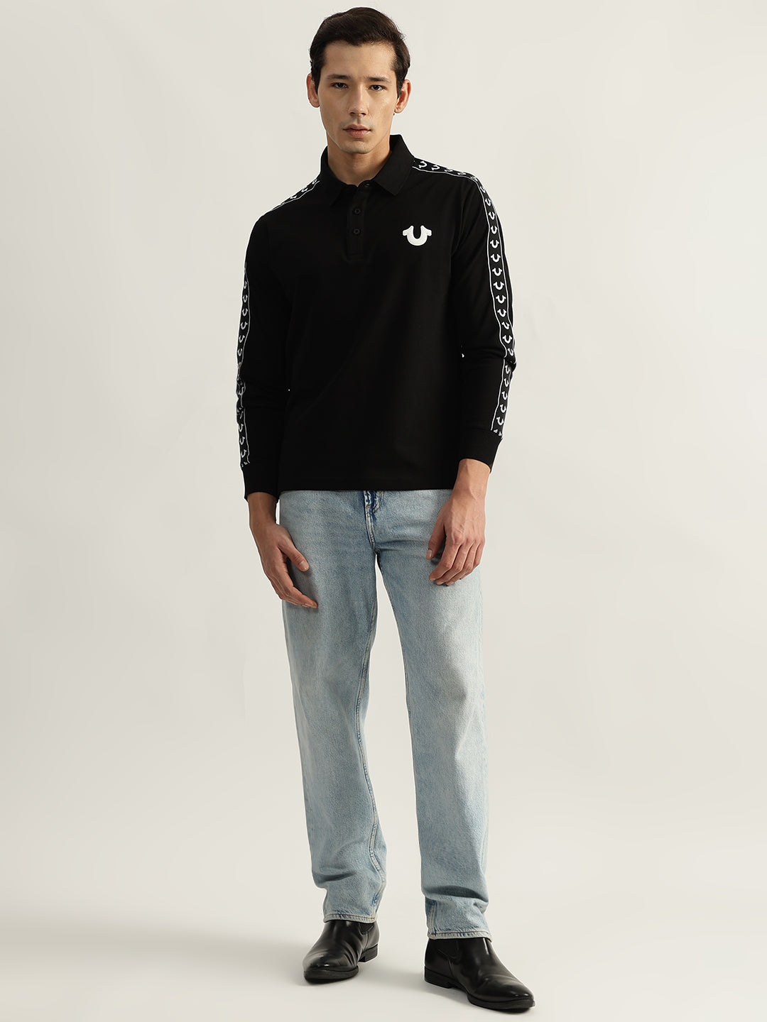 Men black solid polo collar full sleeves tshirt